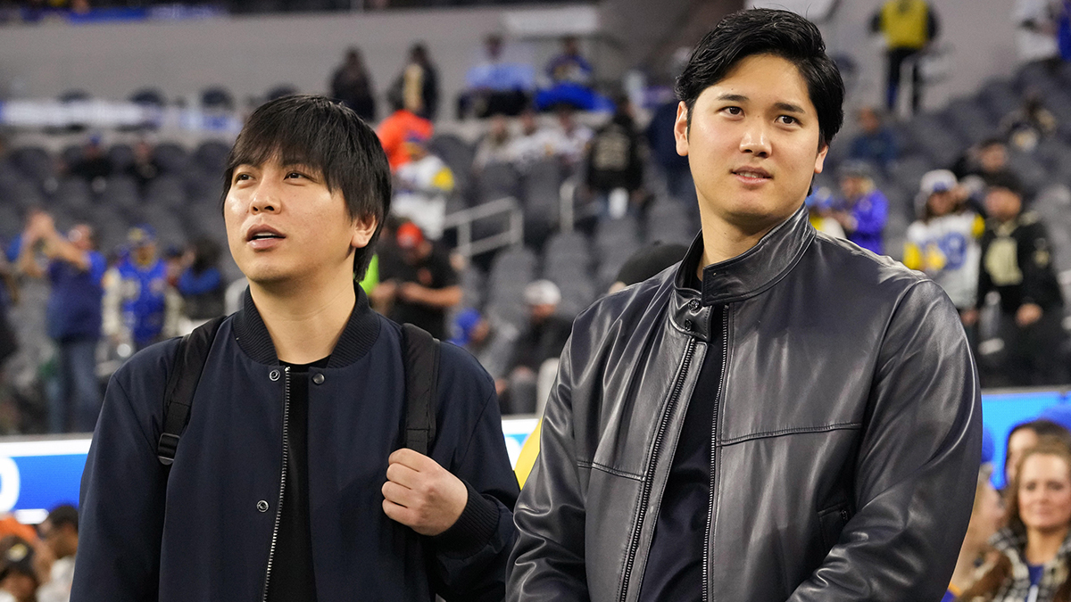 Dec 21, 2023; Inglewood, California, USA; Los Angeles Dodgers player Shohei Ohtani (right) and interpreter Ippei Mizuhara attend the game between the Los Angeles Rams and the New Orleans Saints at SoFi Stadium.