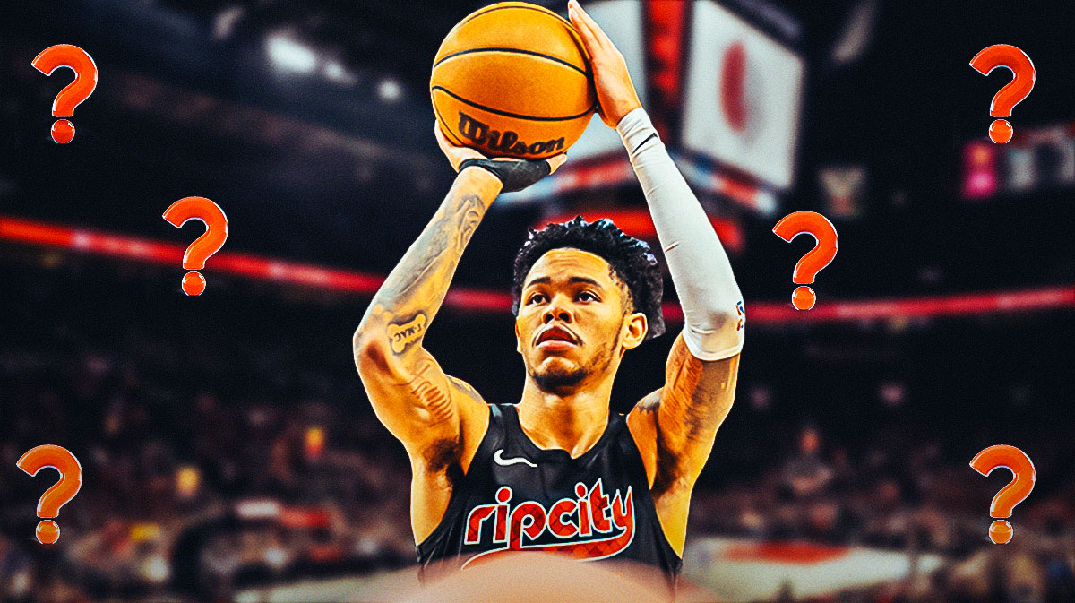 Trail Blazers Anfernee Simons shooting a basketball with question marks everywhere.