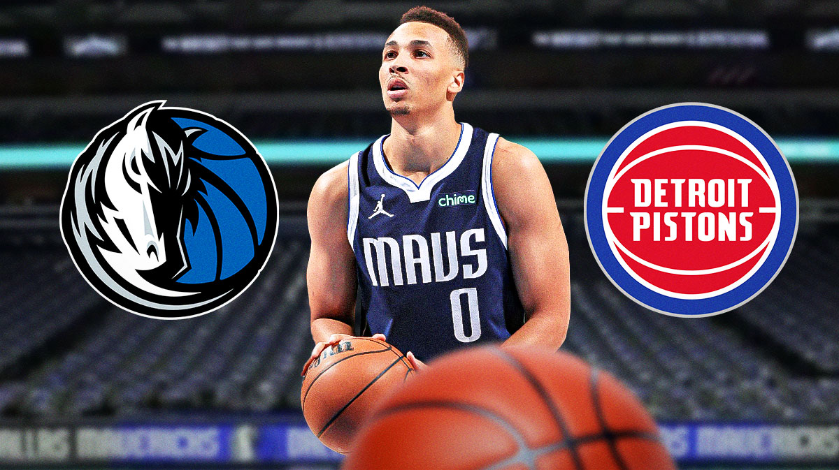 Mavericks Dante Exum shooting a basketball in front. Need the Dallas Mavericks and Detroit Pistons 2024-25 logos in background.