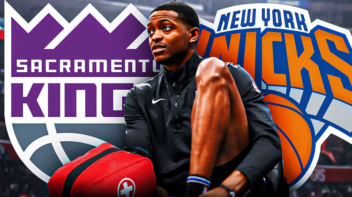 De'Aaron Fox, Sacramento Kings and New York Knicks logos in backgound, injury symbols surrounding Fox