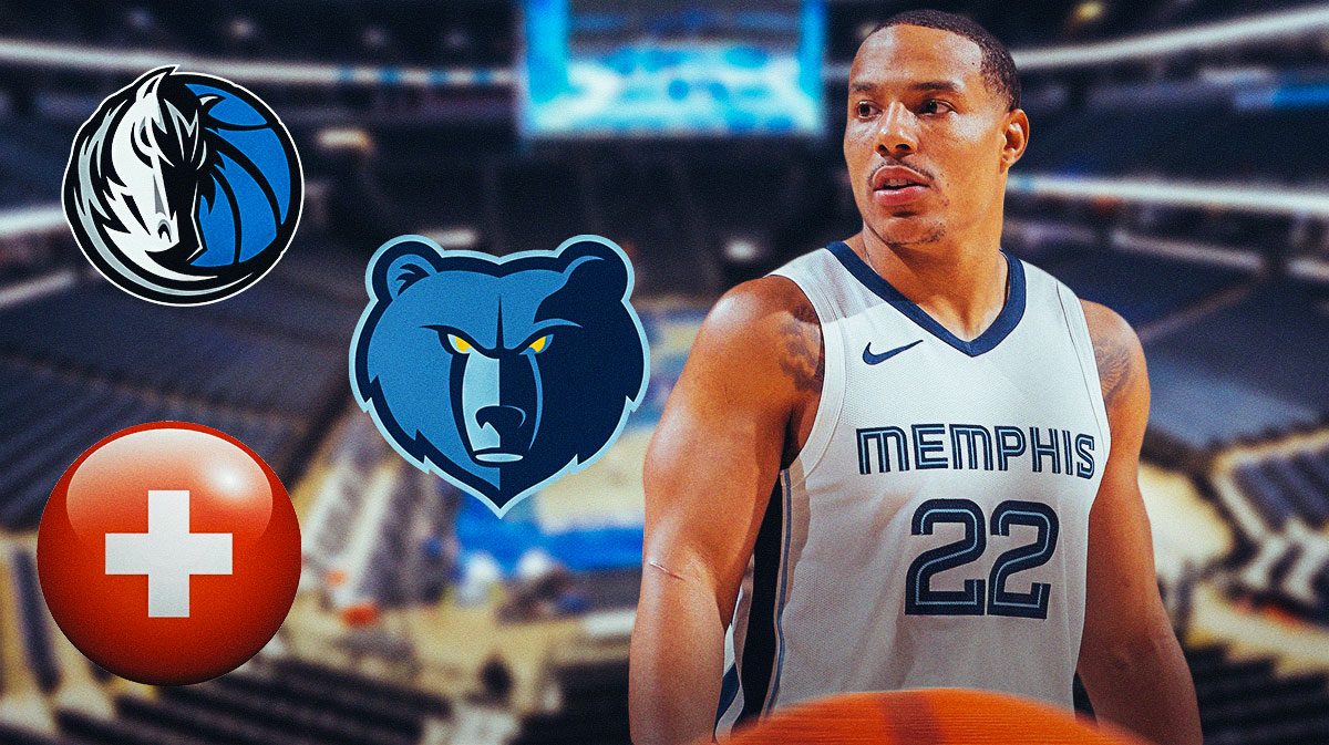 Grizzlies guard Desmond Bane next to the Mavericks and Grizzlies logos with the health symbol in the background