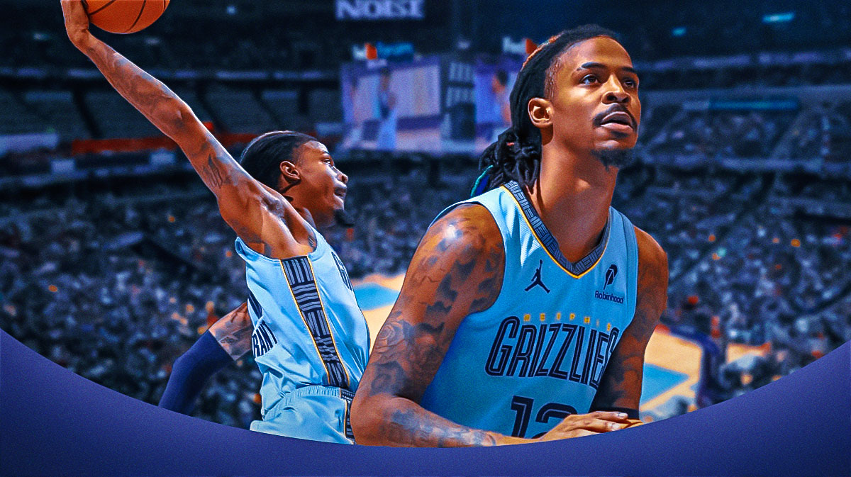 Grizzlies Ja Morant shooting a basketball on left and dunking a basketball on right.