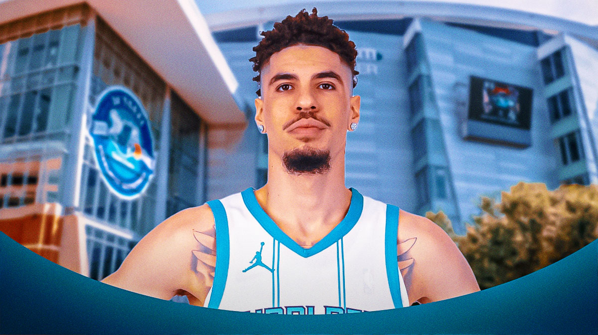 Hornets LaMelo Ball looking serious with the city of Charlotte, North Carolina and the outside of The Spectrum Center in background.