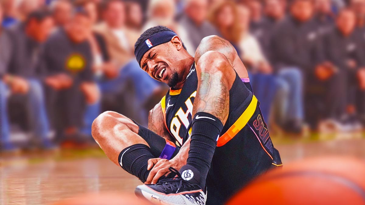 Suns guard Bradley Beal with question marks around him, holding his left ankle.