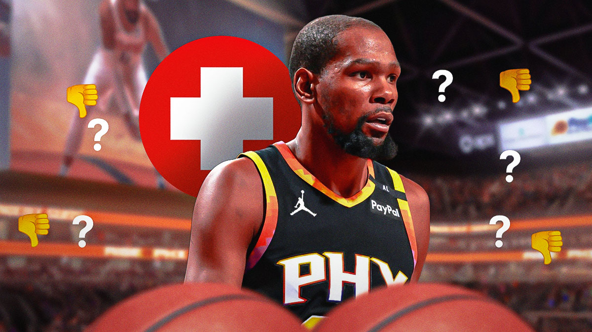 Kevin Durant looking defeated with medical signs around him, and question marks. There's also the thumbs down emoji around him