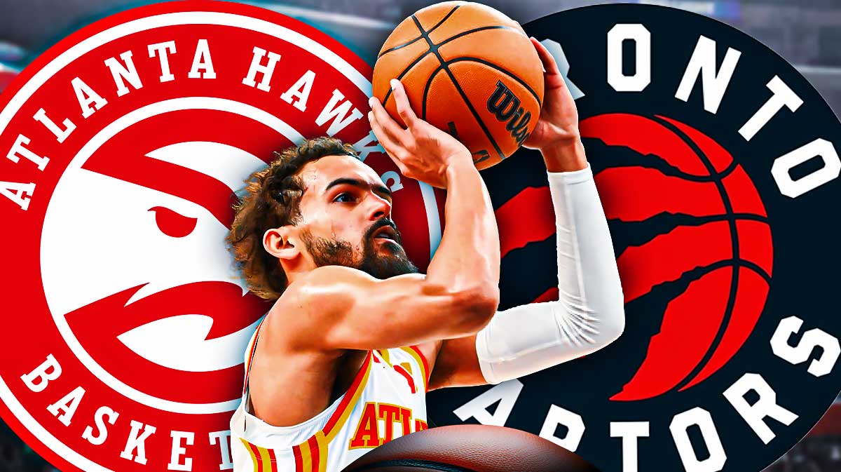 Hawks Trae Young shooting a basketball with the Atlanta Hawks and Toronto Raptors logos in background.