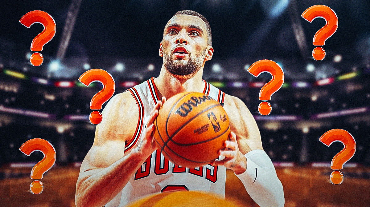 Bulls G Zach LaVine surrounded by question marks.