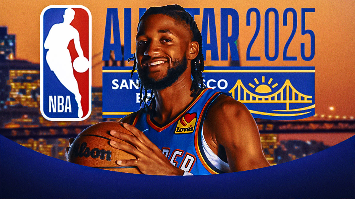 Thunder guard Isaiah Joe next to the 2025 NBA All-Star Weekend with the San Francisco skyline in the background before Thunder Three-Point Contest