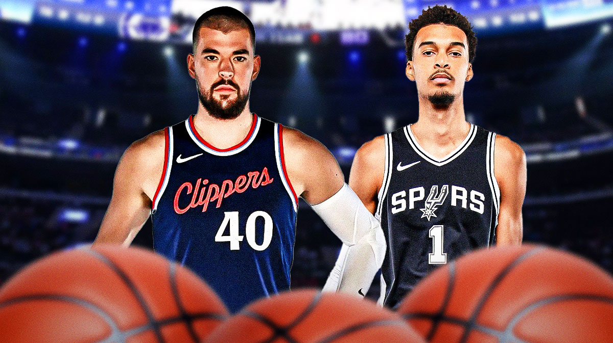 Clippers center Ivica Zubac next to Spurs center Victor Wembanyama with the Spurs and Clippers in the background