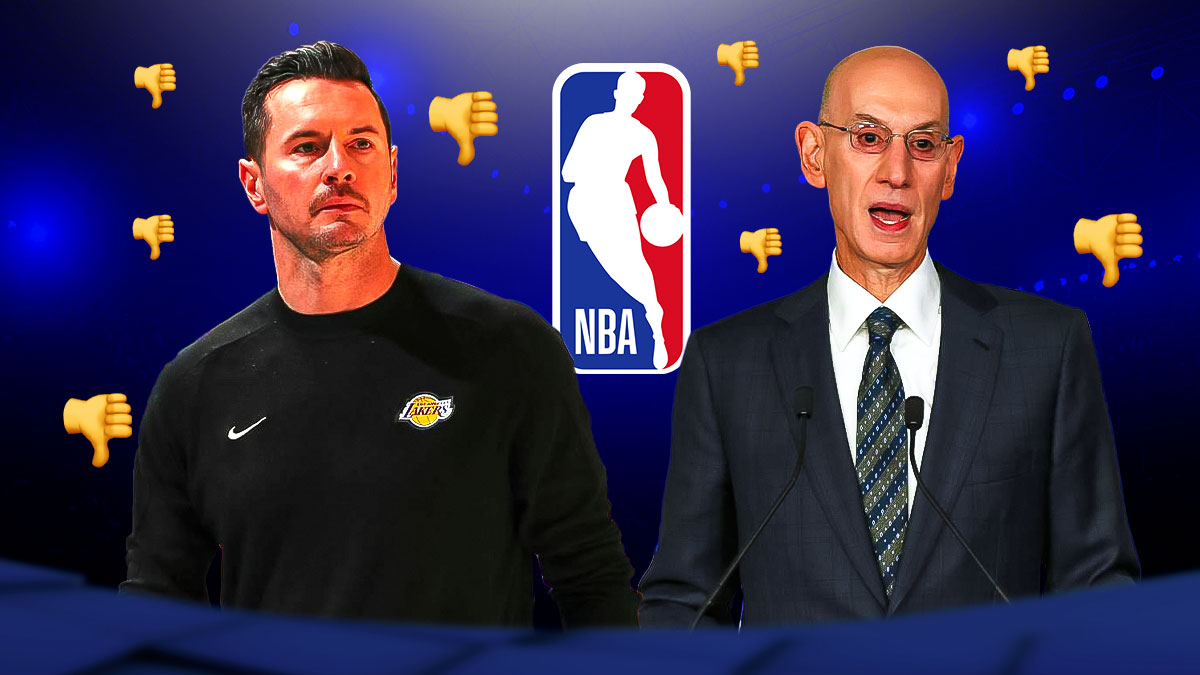 JJ Redick, Adam Silver, NBA logo in background, thumbs down symbols surrounding Redick and Silver