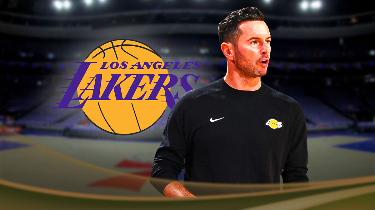 JJ Redick next to Wells Fargo Center and Lakers logo.