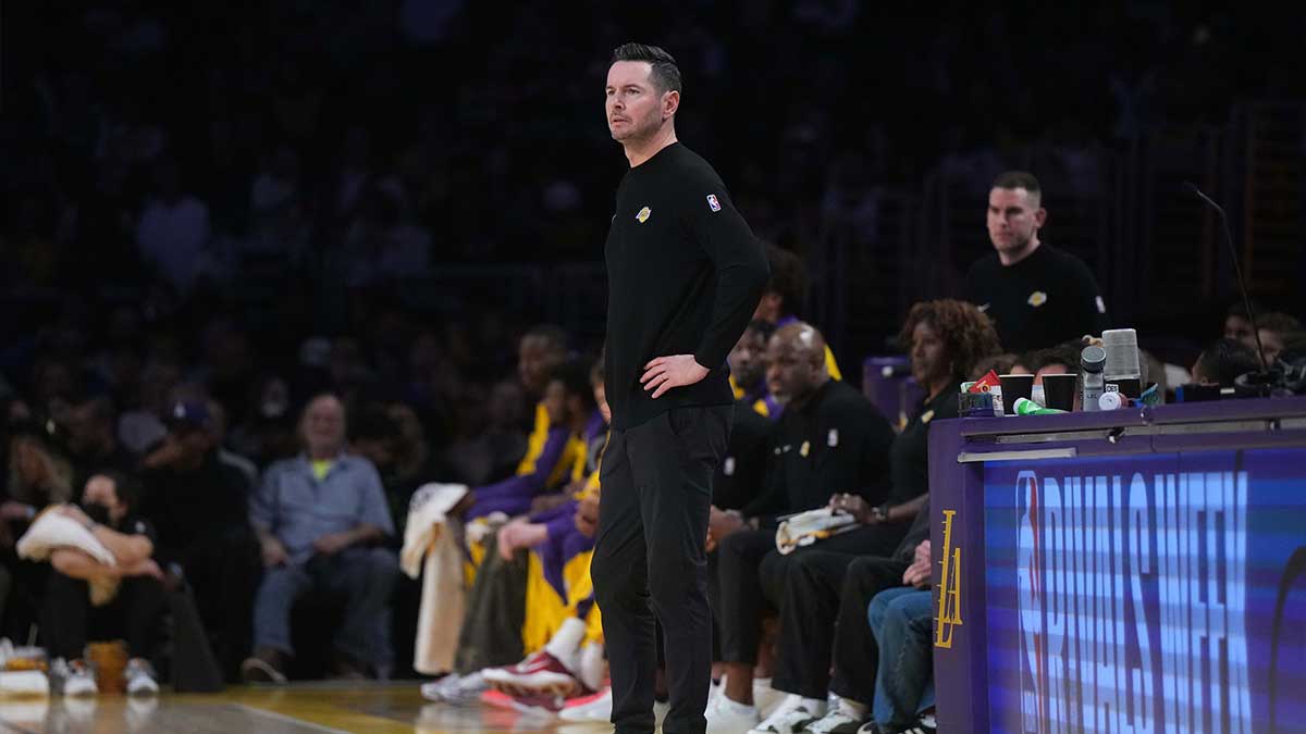 Los Angeles Lekers Trainer JJ Redick reacts against Boston Celtic in the first half at the Cripto.com Arena.