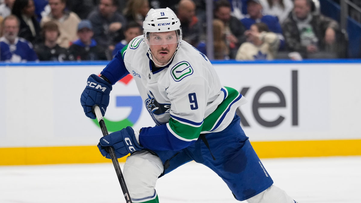 Vancouver Canucks forward JT Miller (9) skates against the Toronto Maple Leafs during the second period at Scotiabank Arena. 