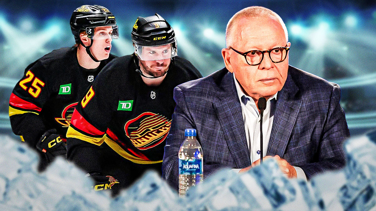 Canucks' JT Miller and Elias Petterson on the left, Jim Rutherford on the right