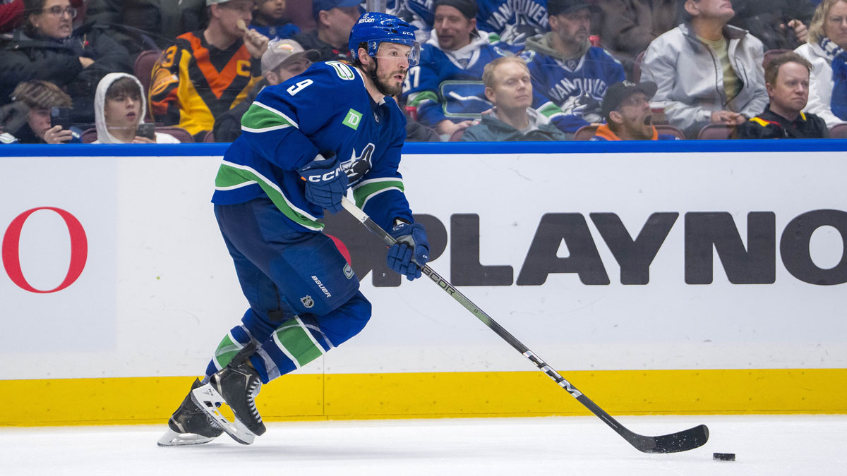 Canucks forward J.T. Miller (9) handles the puck against the Nashville Predators in the third period at Rogers Arena