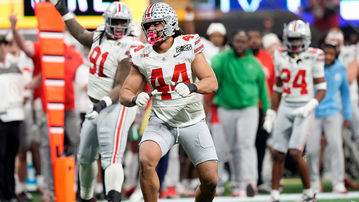 Ohio State Buckeyes defensive end JT Tuimoloau (44) celebrates a tackle against Notre Dame Fighting Irish in the second quarter during the College Football Playoff championship at Mercedes-Benz Stadium in Atlanta on January 20, 2025.