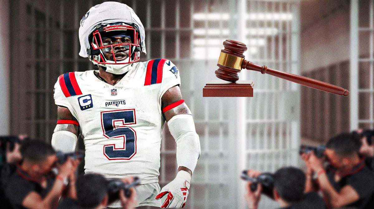 Patriots Jabrill Peppers looking down next to a judge's gavel with jail cell bars in the background following domestic violence cocaine arrest