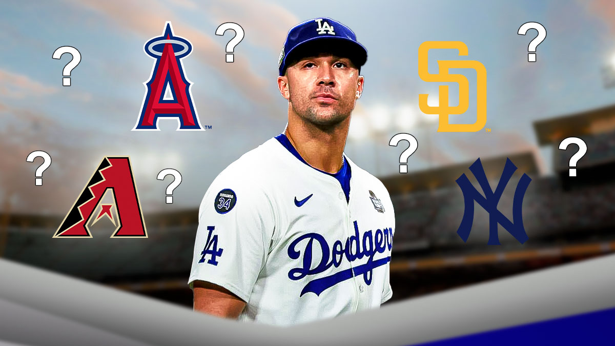 Jack Flaherty in Dodgers uniform, with Angels, Padres, Diamondbacks, and Yankees logos all over him, question marks all over