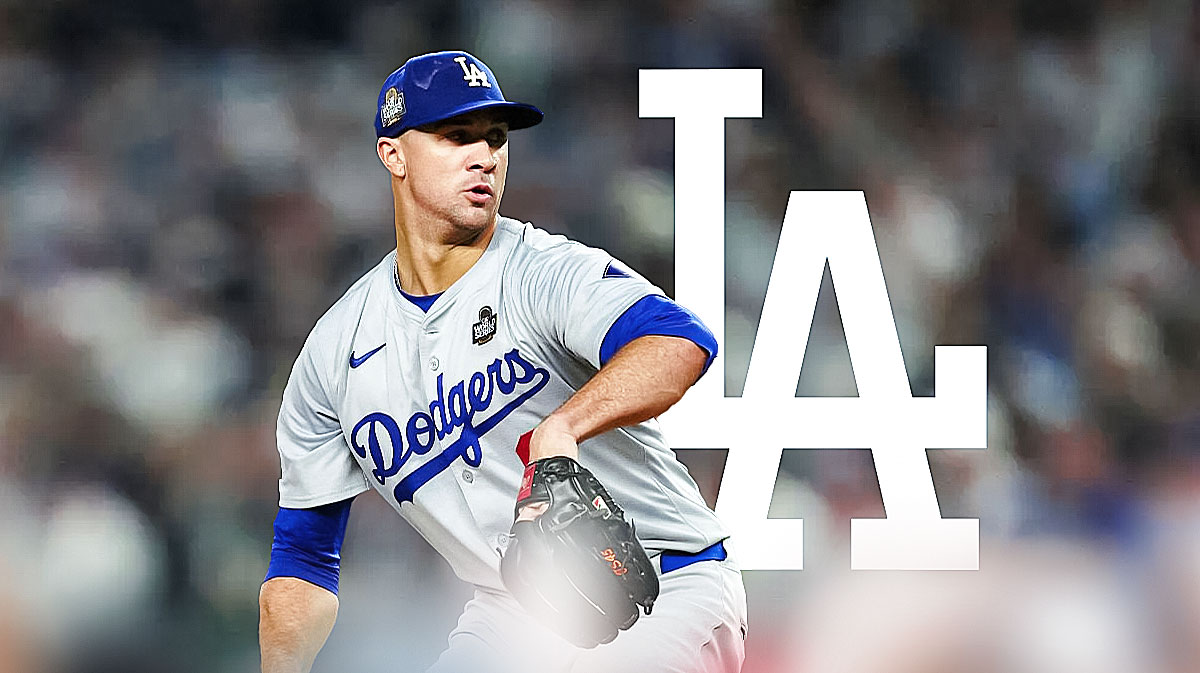 Jack Flaherty in Dodgers uniform, Dodgers logo behind him