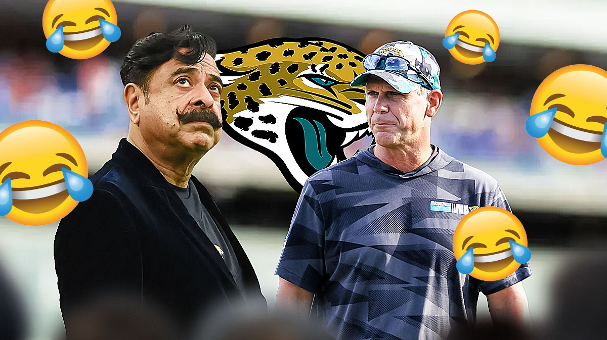 Jaguars owner Shad Khan and Trent Baalke with a Jaguars logo behind them and crying laughing emojis around them as the Jaguars are being mocked.
