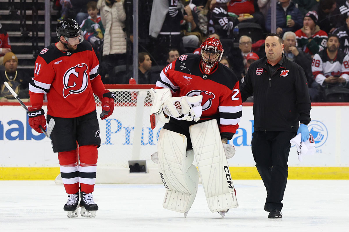 New Jersey Devils goaltender Jacob Markstrom (25) is injured during the second period of their game against the Boston Bruins at Prudential Center.