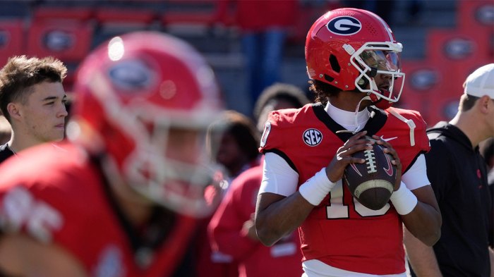 Georgia quarterback Jaden Rashada (10) warms up before the start of a NCAA college football game against Massachusetts