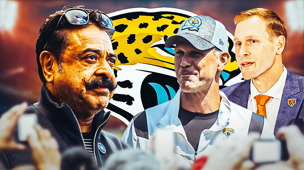 Jaguars owner Shad Khan with former GM Trent Baalke and Bears head coach Ben Johnson. There is also a logo for the Jacksonville Jaguars.