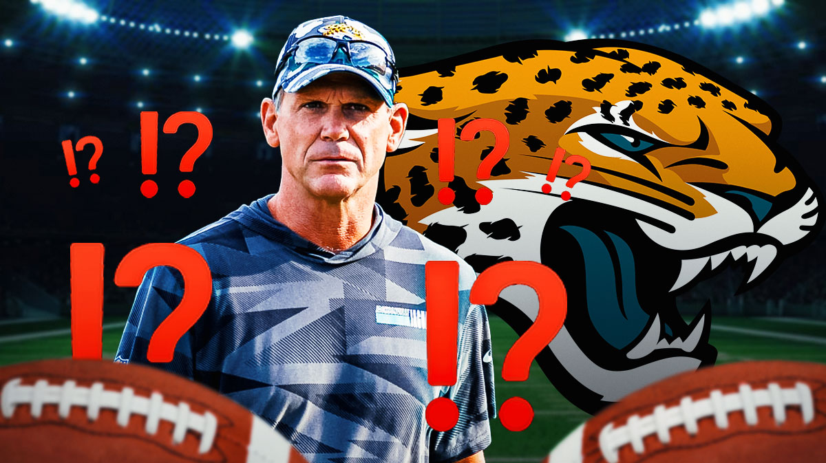 Jacksonville Jaguars general manager Trent Baalke with Jaguars owner Shad Khan. They are surrounded by interrobang emojis (⁉️) There is also a logo for the Jacksonville Jaguars.