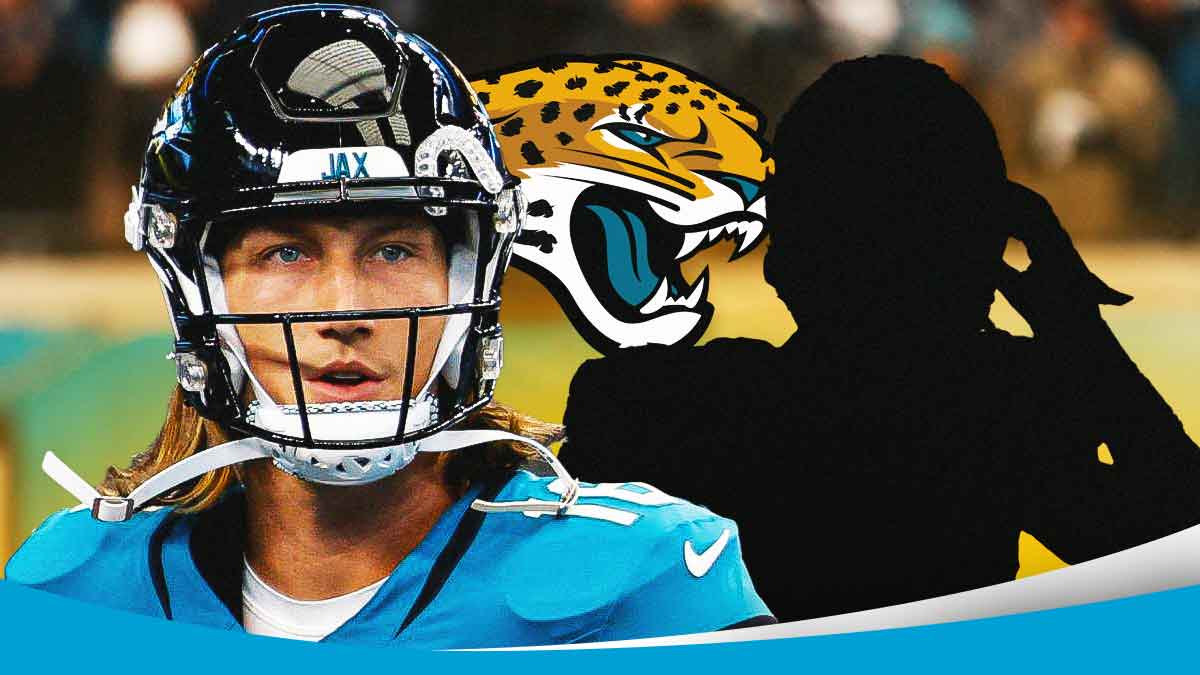 Image of Jacksonville Jaguars QB Trevor Lawrence looking hyped and happy next to a silhouette of Penn State tight end Tyler Warren. Jaguars logo in background