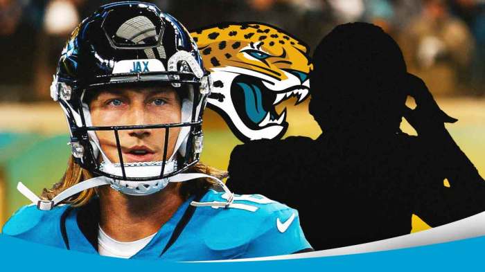 Image of Jacksonville Jaguars QB Trevor Lawrence looking hyped and happy next to a silhouette of Penn State tight end Tyler Warren. Jaguars logo in background