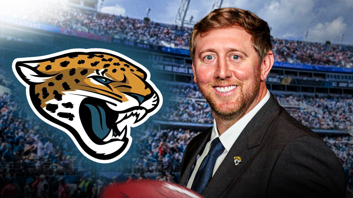 Jaguars' Liam Coen next to Jaguars logo