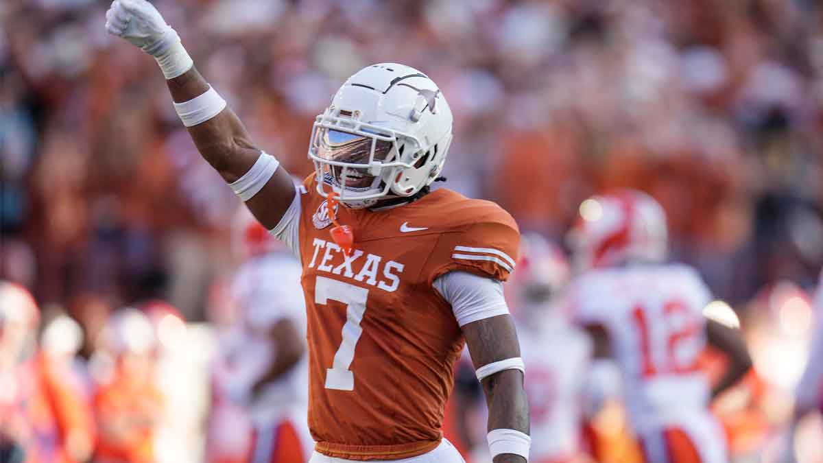 NFL Draft prospect Texas Longhorns defensive back Jahdae Barron (7) celebrates a turnover against Clemson Vikings in the first half of a first round College Football Playoffs game at Darrell K Royal-Texas Memorial Stadium.