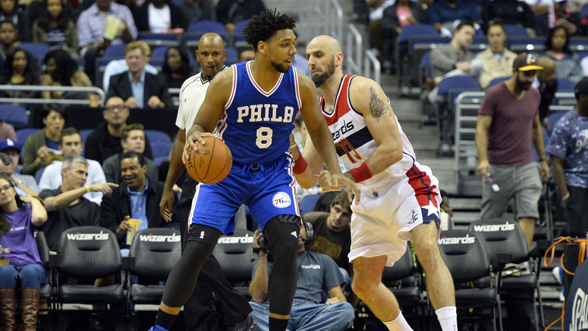 Philadelphia 76ers center Jahlil Okafor (8) dribbles as Washington Wizards center Marcin Gortat (13) defends during the first quarter at Verizon Center.