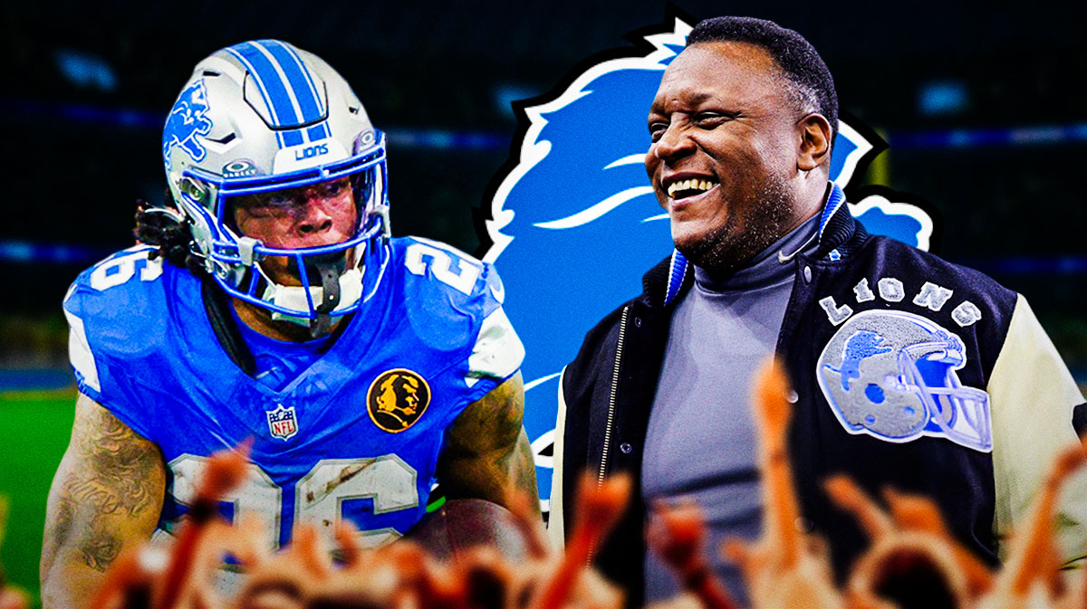 Detroit Lions RB Jahmyr Gibbs next to former Lions RB Barry Sanders. There is also a logo for the Detroit Lions.