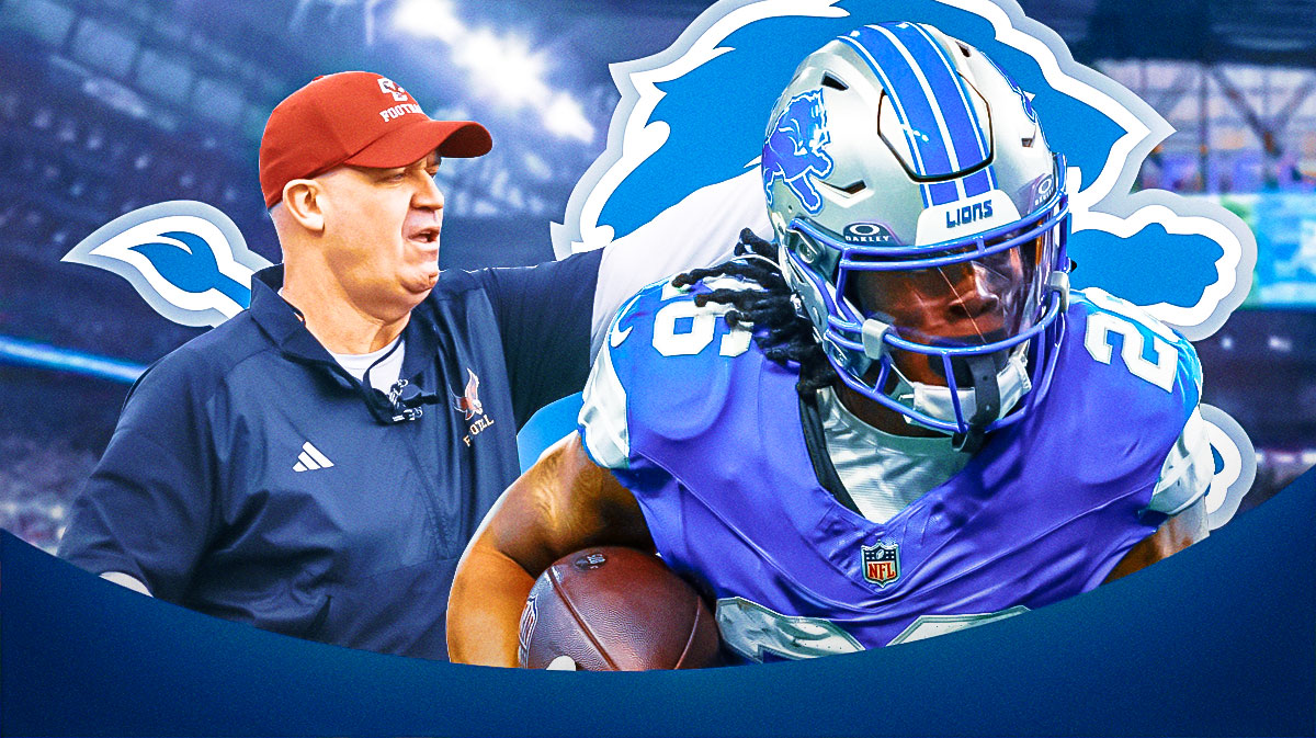 Detroit Lions RB Jahmyr Gibbs next to Boston College head coach Bill O'Brien. There is also a logo for the Detroit Lions.