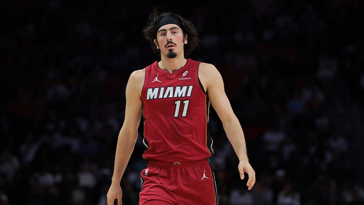 Miami Heat guard Jaime Jaquez Jr. (11) looks on against the Portland Trail Blazers during the second quarter at Kaseya Center.