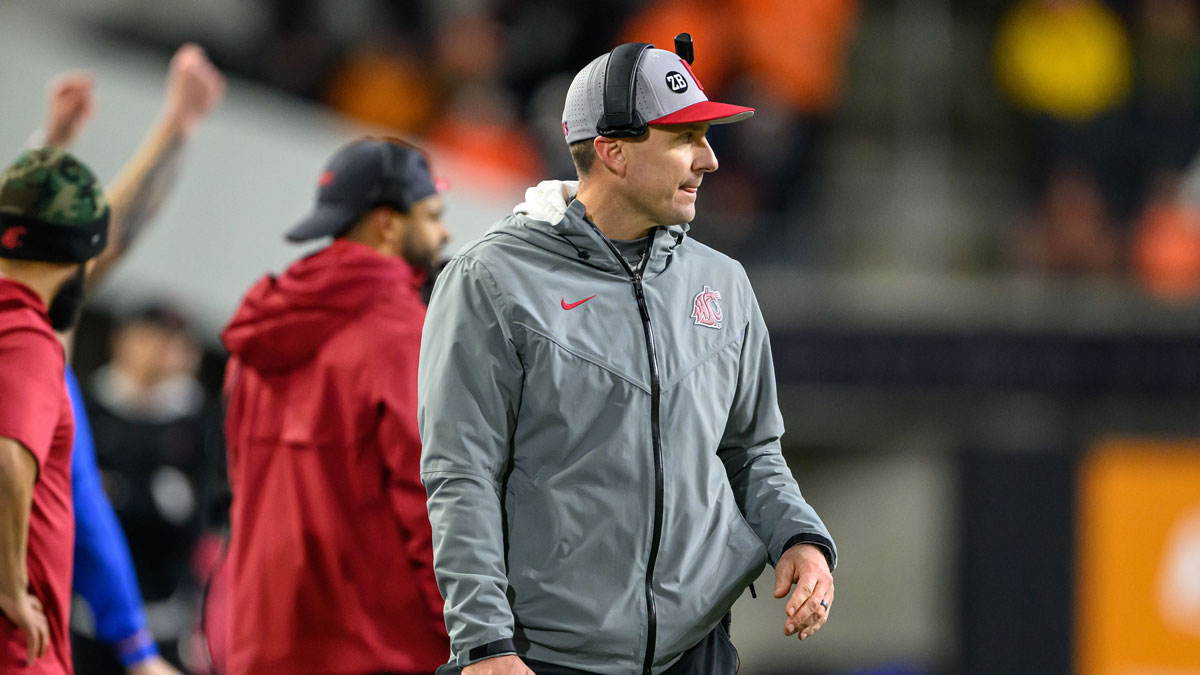 Nov 23, 2024; Corvallis, Oregon, USA; Washington State Cougars head coach Jake Dickert on the sidelines during the second quarter against the Oregon State Beavers at Reser Stadium.