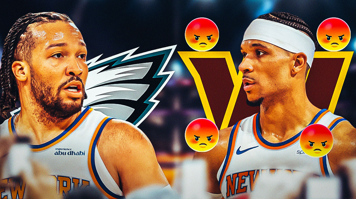 Knicks' Jalen Brunson with an Eagles logo near him. Josh Hart with a Commanders logo and angry emojis near him.