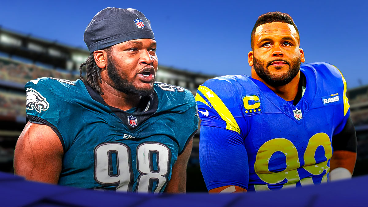 Jalen Carter next to Aaron Donald with the Eagles stadium as the background.