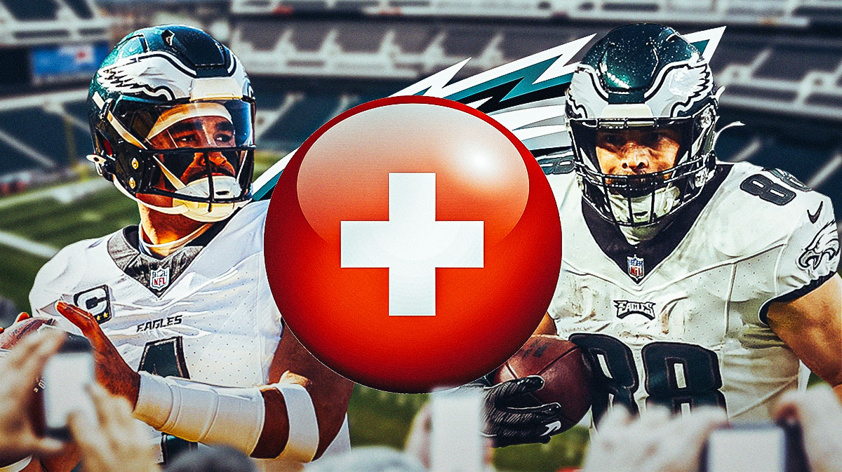 Philadelphia Eagles QB Jalen Hurts and TE Dallas Goedert with injury symbols. There is also a logo for the Philadelphia Eagles.