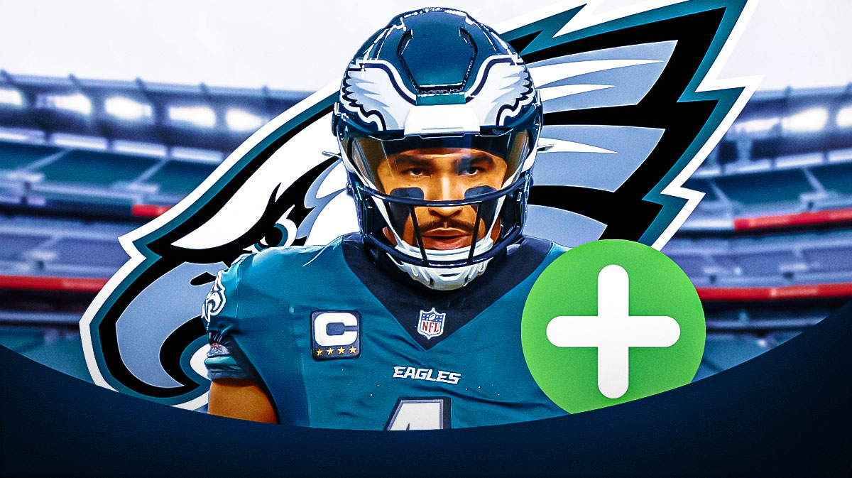 Philadelphia Eagles QB Jalen Hurts with a green injury symbol. There is also a logo for the Philadelphia Eagles.