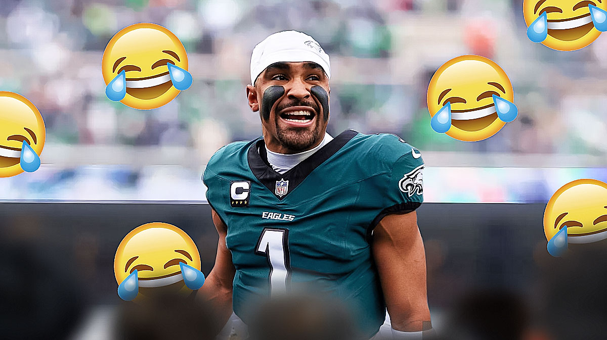 Eagles QB Jalen Hurts surrounded by laughing emojis