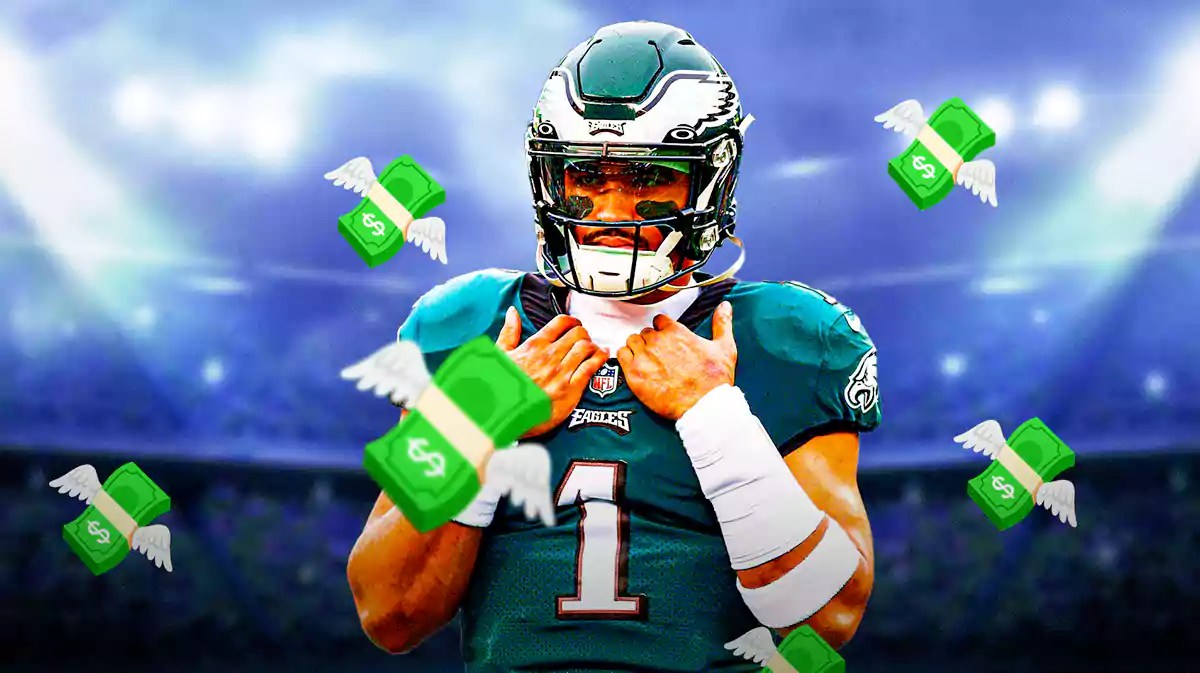 Jalen Hurts surrounded by flying money.