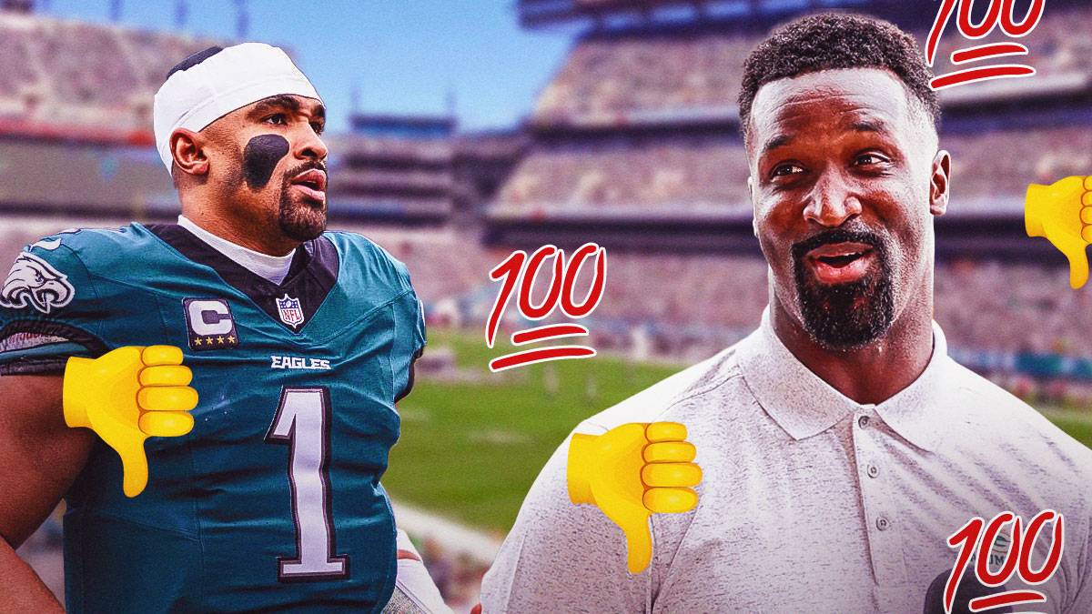 Jalen Hurts in a Philadelphia Eagles uniform with James Jones from FS1's the Facility with thumbs down emojis and 100 emojis as the eagles quarterback made controversial comments after a dominant win featuring saquon barkley.