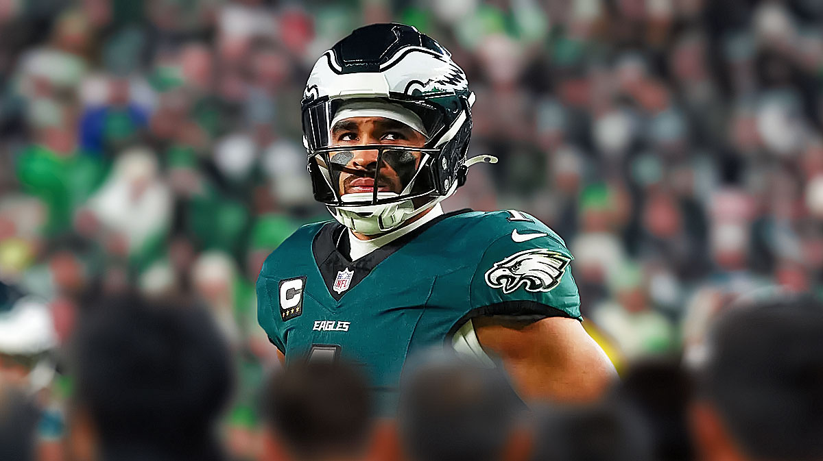 Philadelphia Eagles star Jalen Hurts in front of Lincoln Financial Field.