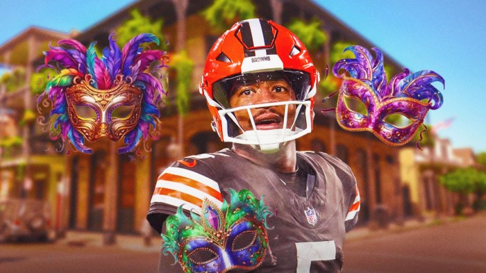 Jameis Winston in front of the French Quarter in New Orleans surrounded by fleur de lis and mardi gras masks as Winston will be a correspondent in New Orleans for the Super Bowl.