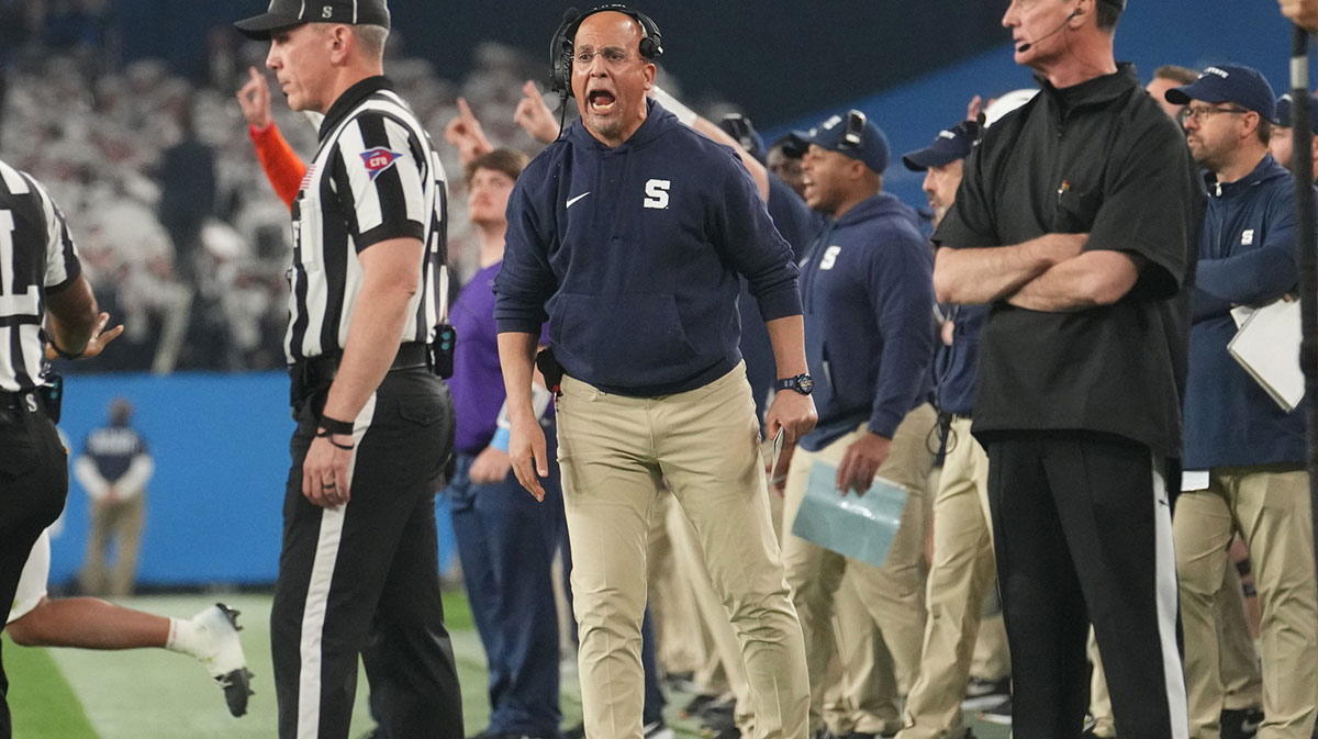 Penn State Nittany Lions head coach James Franklin yells out to the referees from the sidelines as they play the Boise State Broncosin the Vrbo Fiesta Bowl matchup