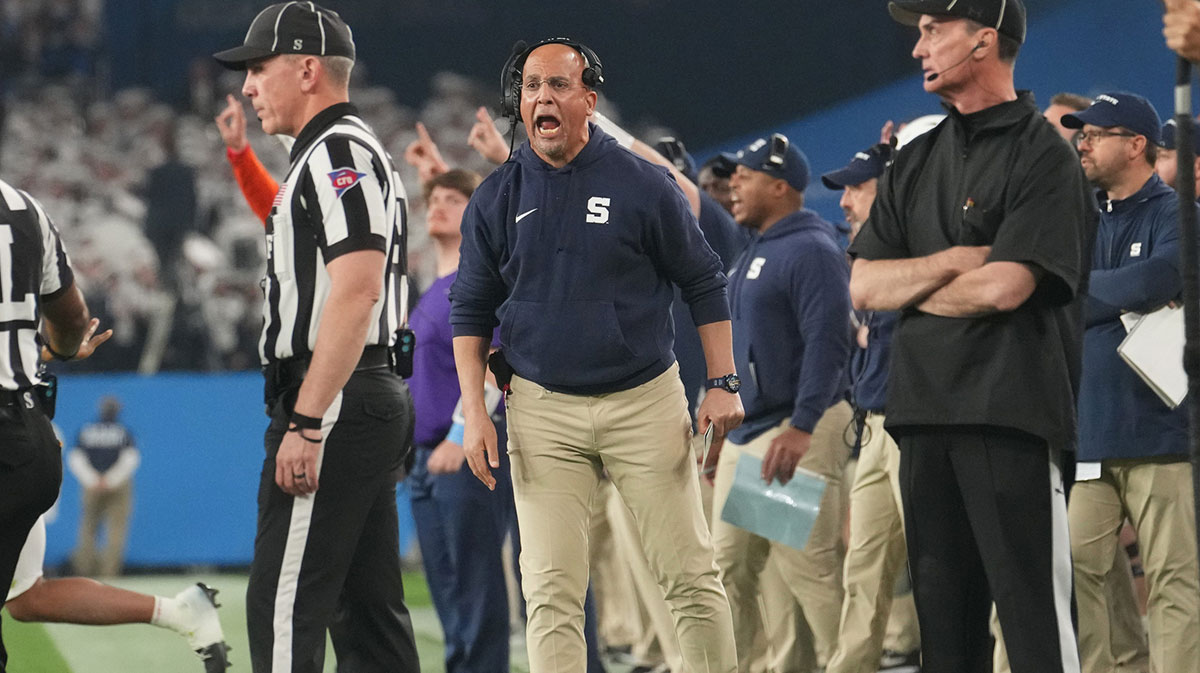 Penn State Nittany Lions head coach James Franklin yells out to the referees from the sidelines as they play the Boise State Broncosin the Vrbo Fiesta Bowl matchup at State Farm Stadium.