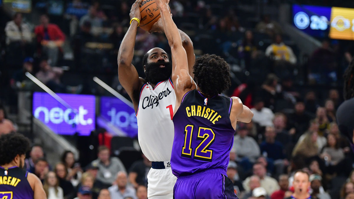 Los Angeles Clippers guard James Harden (1) shoots against Los Angeles Lakers guard Max Christie (12) during the first half at Intuit Dome.