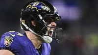 Baltimore Ravens tight end Mark Andrews (89) reacts after scoring a touchdown during the first half against the Cleveland Browns at M&T Bank Stadium.